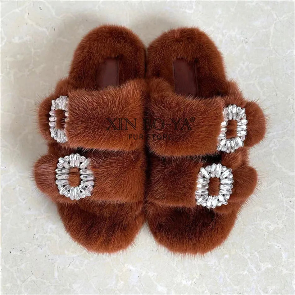 Summer 100% Mink Fur Slippers High-End Luxury Customization 2024 Women's Shoes Flat Fashion Flat Heel Luxury Fluffy Sandals