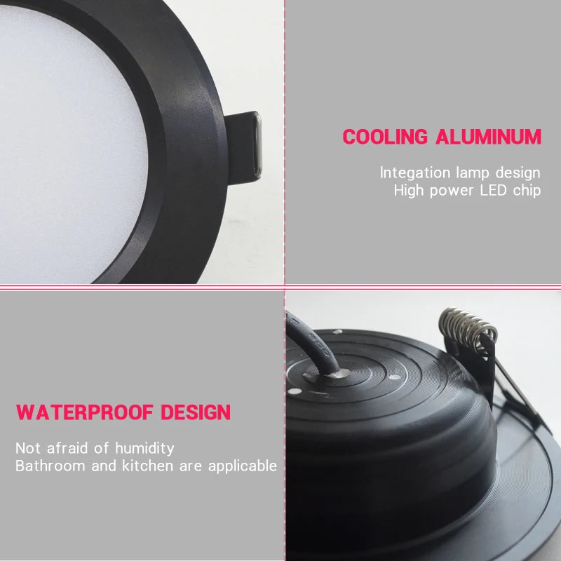 Projecteur LED encastrable 12 V étanche IP65 7 W 9 W 12 W 15 W 3 W 5 W plafonnier noir pour salle de bain Éclairage extérieur et intérieur