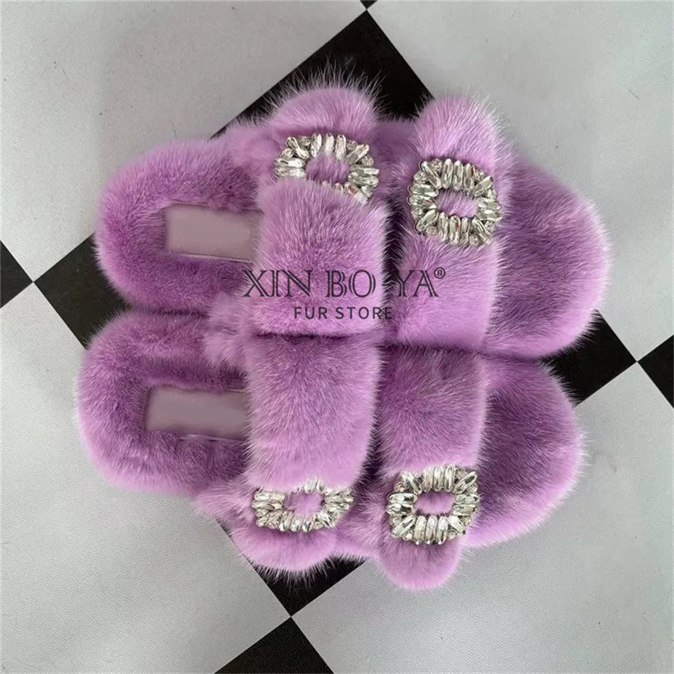 Summer 100% Mink Fur Slippers High-End Luxury Customization 2024 Women's Shoes Flat Fashion Flat Heel Luxury Fluffy Sandals