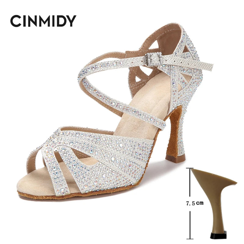 CINMIDY Rhinestone Latin Dance Shoes Tango Ballroom Dance Shoes Ladies High Heels Soft Sole Women Sandals  Wedding Shoes Women