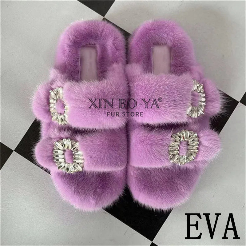 Summer 100% Mink Fur Slippers High-End Luxury Customization 2024 Women's Shoes Flat Fashion Flat Heel Luxury Fluffy Sandals