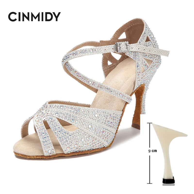 CINMIDY Rhinestone Latin Dance Shoes Tango Ballroom Dance Shoes Ladies High Heels Soft Sole Women Sandals  Wedding Shoes Women