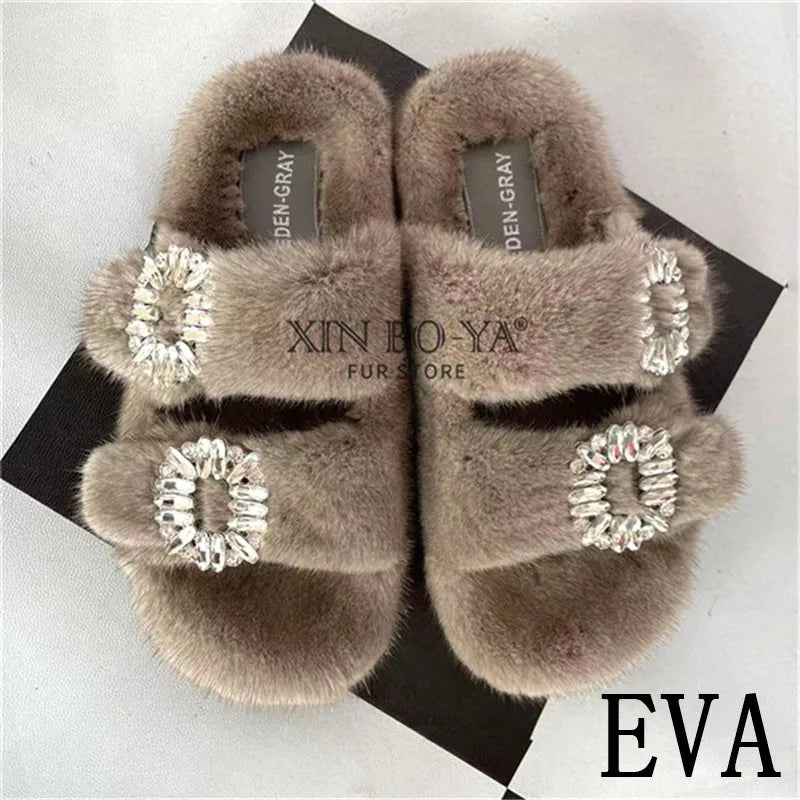 Summer 100% Mink Fur Slippers High-End Luxury Customization 2024 Women's Shoes Flat Fashion Flat Heel Luxury Fluffy Sandals