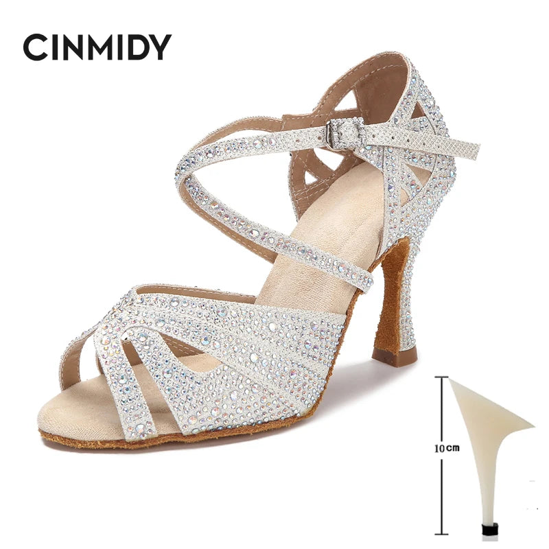 CINMIDY Rhinestone Latin Dance Shoes Tango Ballroom Dance Shoes Ladies High Heels Soft Sole Women Sandals  Wedding Shoes Women