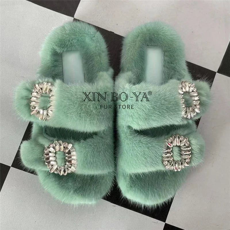 Summer 100% Mink Fur Slippers High-End Luxury Customization 2024 Women's Shoes Flat Fashion Flat Heel Luxury Fluffy Sandals