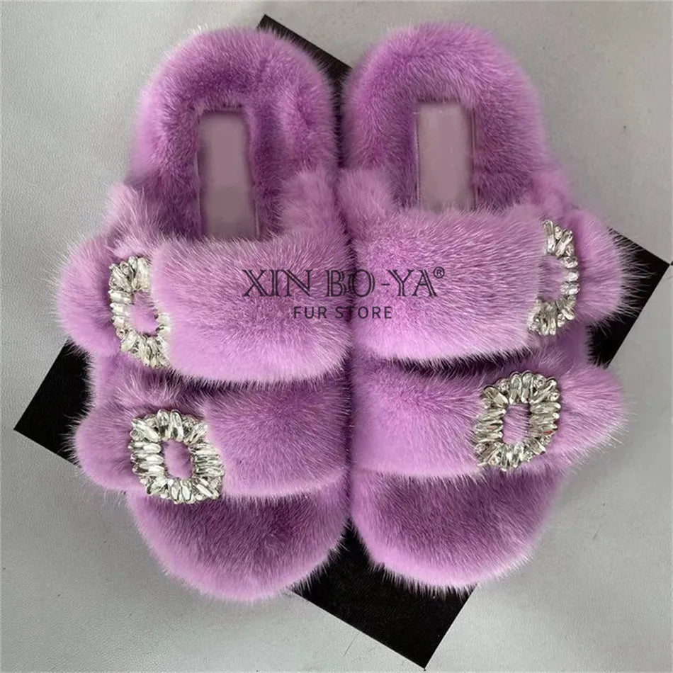 Summer 100% Mink Fur Slippers High-End Luxury Customization 2024 Women's Shoes Flat Fashion Flat Heel Luxury Fluffy Sandals