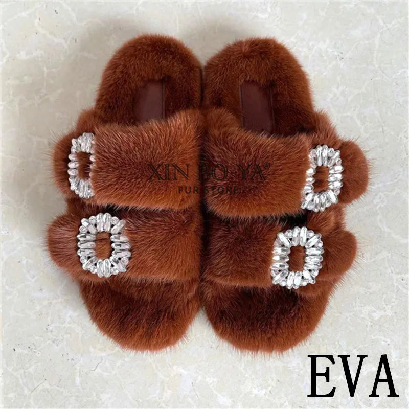 Summer 100% Mink Fur Slippers High-End Luxury Customization 2024 Women's Shoes Flat Fashion Flat Heel Luxury Fluffy Sandals