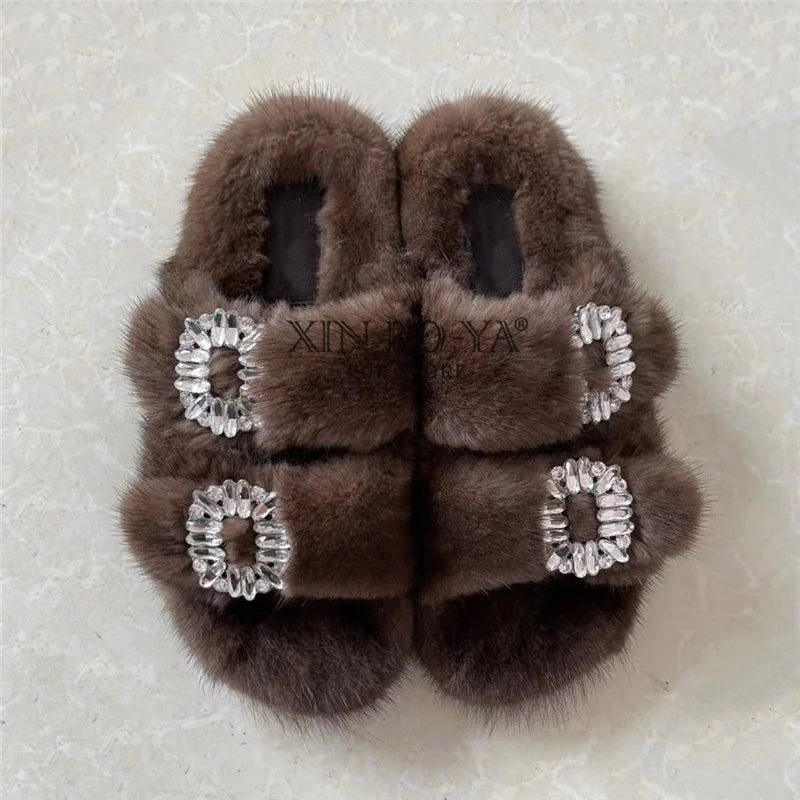 Summer 100% Mink Fur Slippers High-End Luxury Customization 2024 Women's Shoes Flat Fashion Flat Heel Luxury Fluffy Sandals
