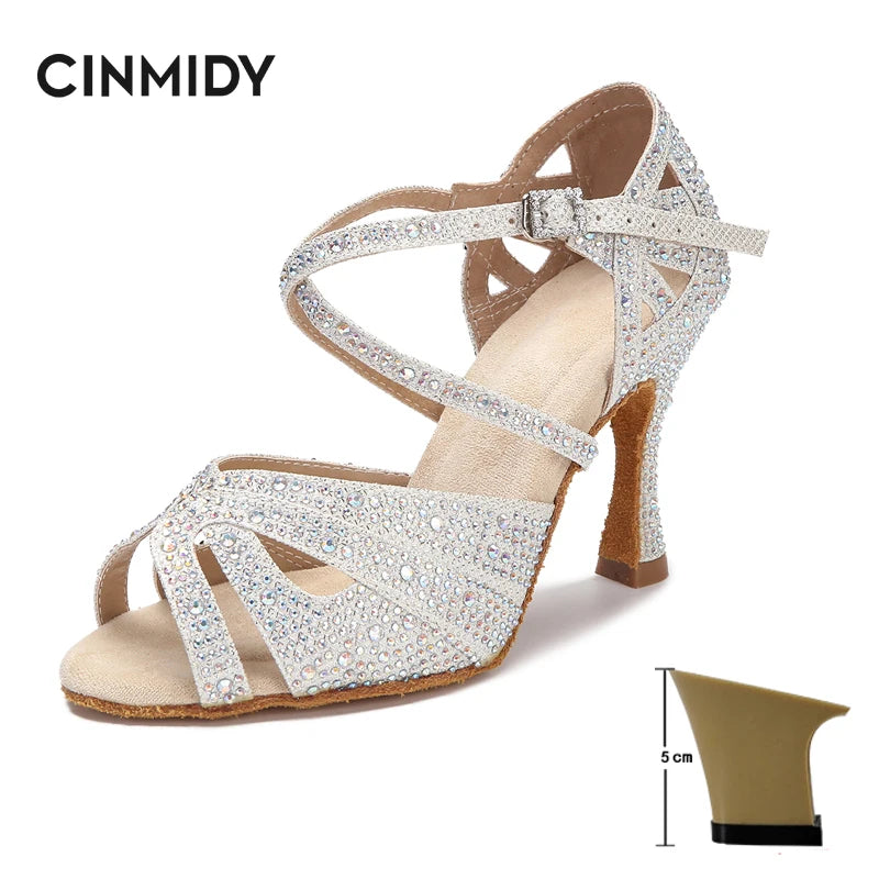 CINMIDY Rhinestone Latin Dance Shoes Tango Ballroom Dance Shoes Ladies High Heels Soft Sole Women Sandals  Wedding Shoes Women