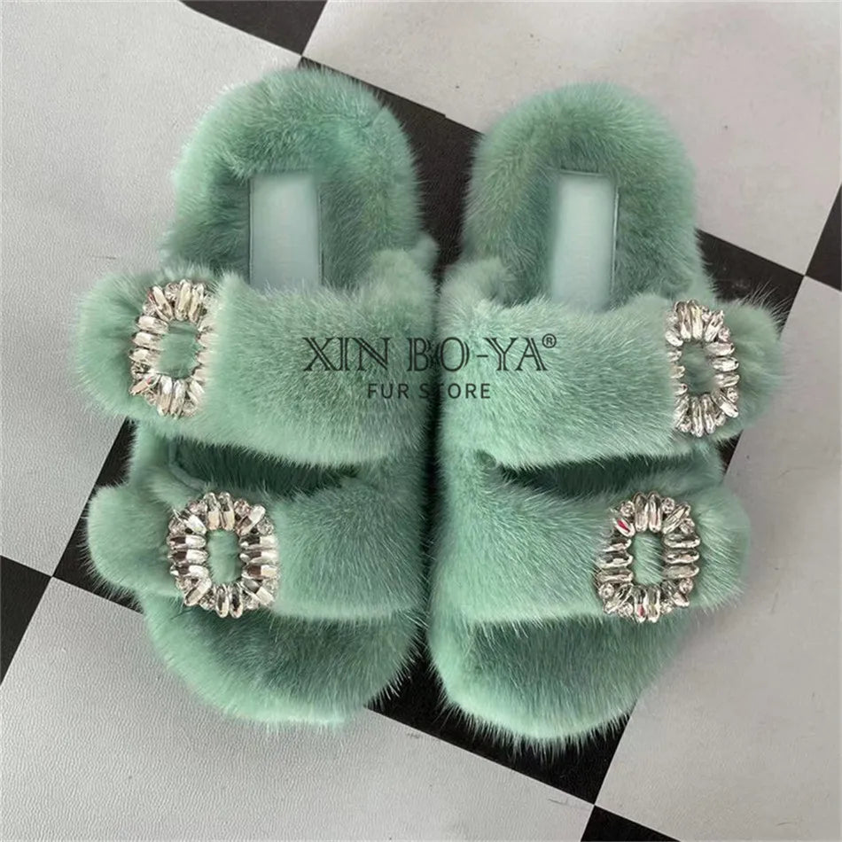 Summer 100% Mink Fur Slippers High-End Luxury Customization 2024 Women's Shoes Flat Fashion Flat Heel Luxury Fluffy Sandals