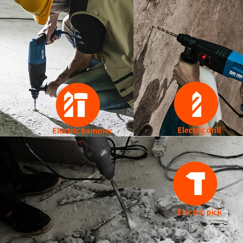 FUJIWARA Three-Functions Electric Hammer Pick Impact Drill 500-800W High Power Home Decoration Tools