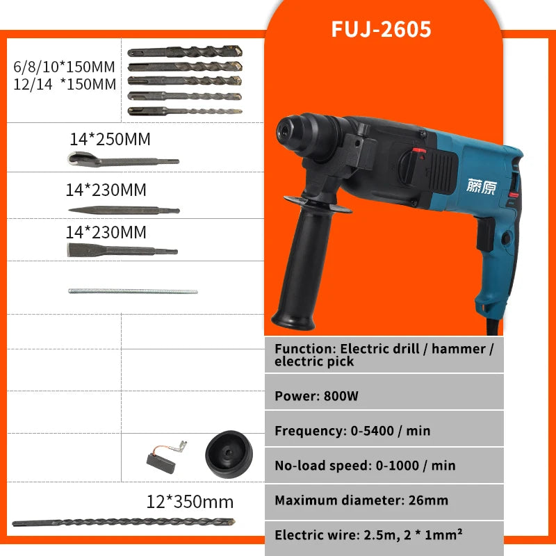 Marteau piqueur électrique trois fonctions FUJIWARA 500-800W, puissant, outils de décoration intérieure