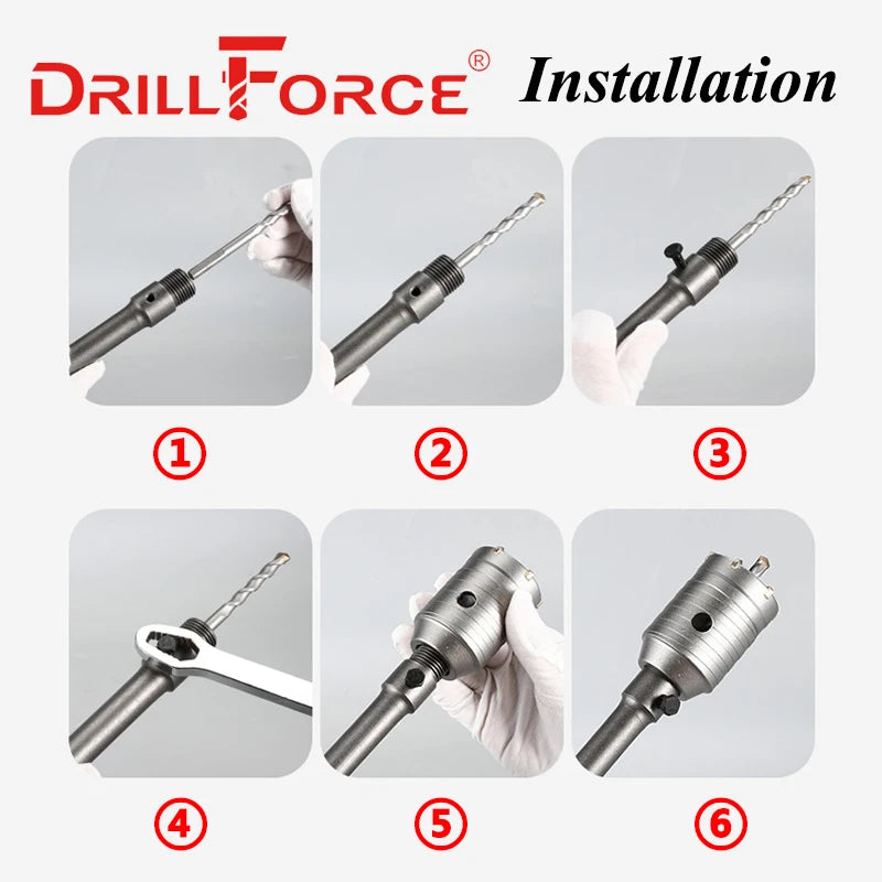 Drillforce 30-160mm Concrete Hole Saw Electric Hollow Core Cement Stone Wall Air Conditioner Masonry SDS Plus Max Hex Drill Bit