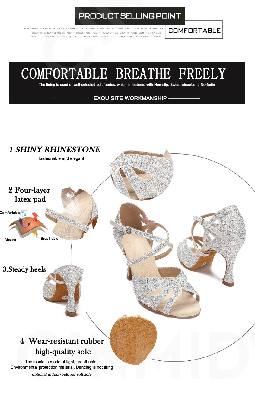 CINMIDY Rhinestone Latin Dance Shoes Tango Ballroom Dance Shoes Ladies High Heels Soft Sole Women Sandals  Wedding Shoes Women