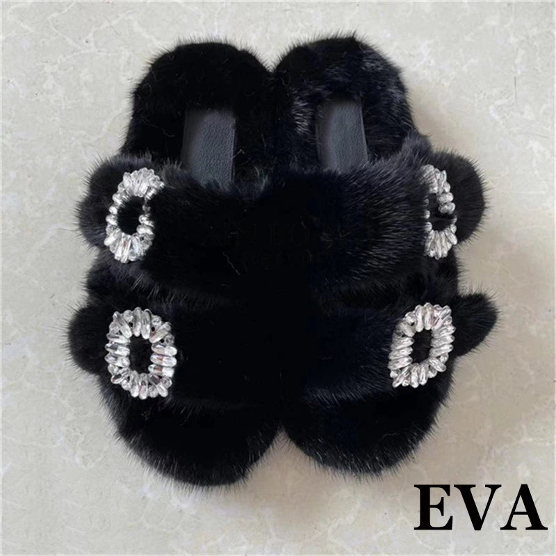 Summer 100% Mink Fur Slippers High-End Luxury Customization 2024 Women's Shoes Flat Fashion Flat Heel Luxury Fluffy Sandals