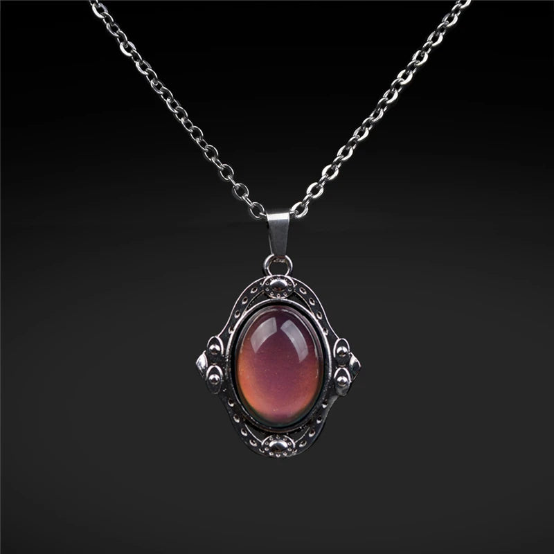 Mood Necklaces Retro Palace Elliptic Jewelry Pendant Necklace Temperature Control Color Change Necklace Stainless Steel Chain