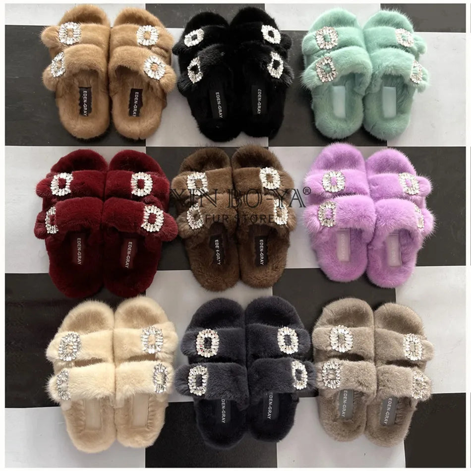 Summer 100% Mink Fur Slippers High-End Luxury Customization 2024 Women's Shoes Flat Fashion Flat Heel Luxury Fluffy Sandals