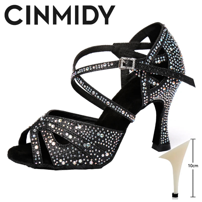 CINMIDY Rhinestone Latin Dance Shoes Tango Ballroom Dance Shoes Ladies High Heels Soft Sole Women Sandals  Wedding Shoes Women