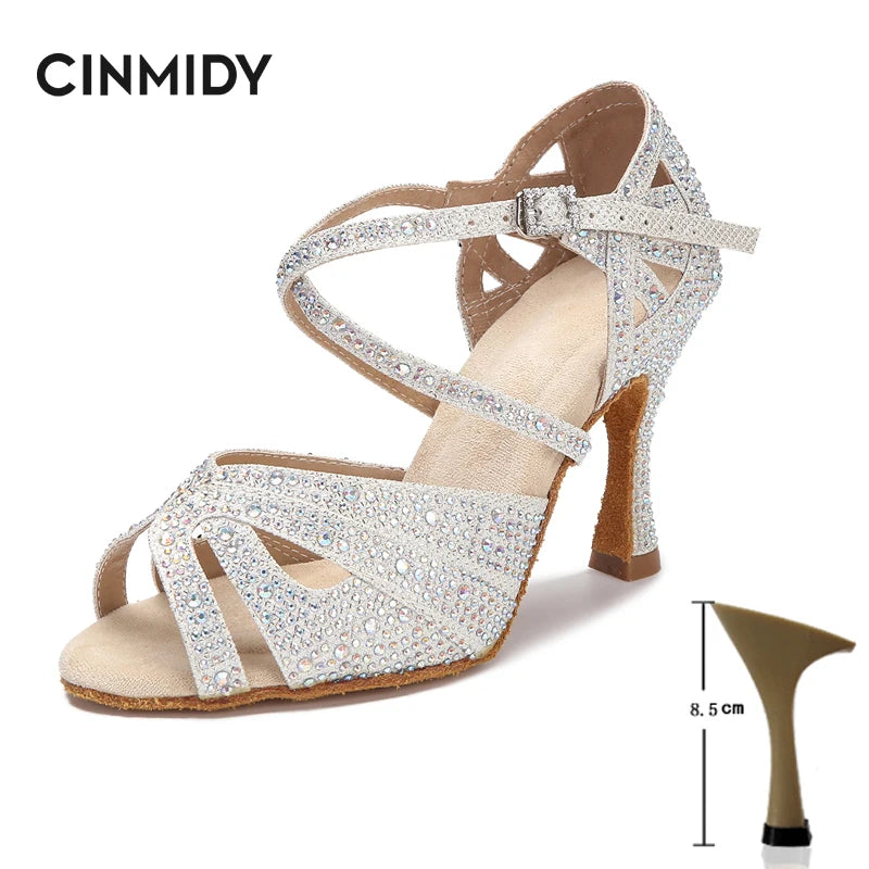 CINMIDY Rhinestone Latin Dance Shoes Tango Ballroom Dance Shoes Ladies High Heels Soft Sole Women Sandals  Wedding Shoes Women