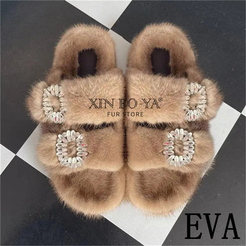 Summer 100% Mink Fur Slippers High-End Luxury Customization 2024 Women's Shoes Flat Fashion Flat Heel Luxury Fluffy Sandals