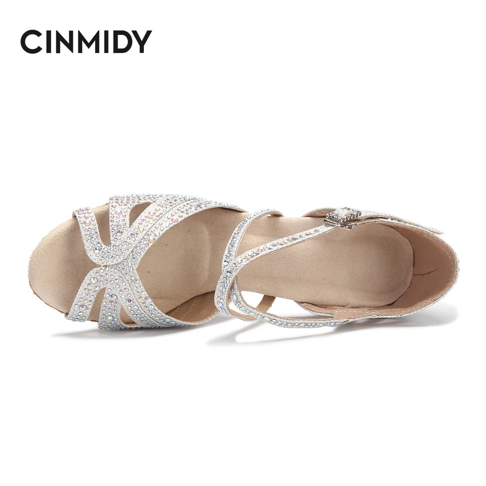 CINMIDY Rhinestone Latin Dance Shoes Tango Ballroom Dance Shoes Ladies High Heels Soft Sole Women Sandals  Wedding Shoes Women