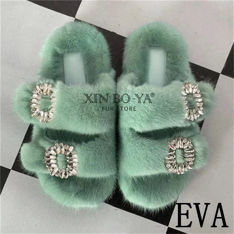 Summer 100% Mink Fur Slippers High-End Luxury Customization 2024 Women's Shoes Flat Fashion Flat Heel Luxury Fluffy Sandals