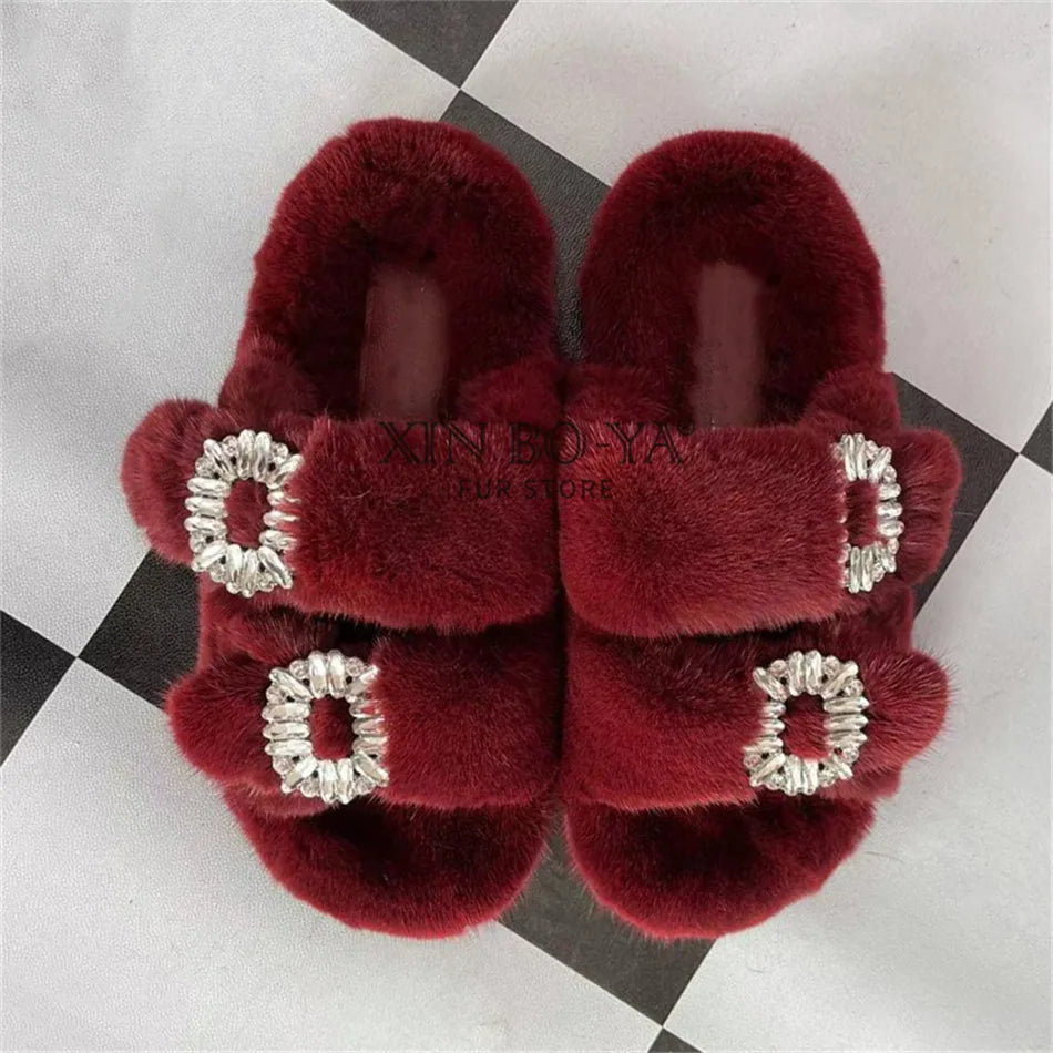Summer 100% Mink Fur Slippers High-End Luxury Customization 2024 Women's Shoes Flat Fashion Flat Heel Luxury Fluffy Sandals