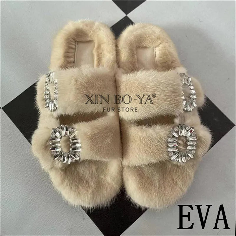 Summer 100% Mink Fur Slippers High-End Luxury Customization 2024 Women's Shoes Flat Fashion Flat Heel Luxury Fluffy Sandals