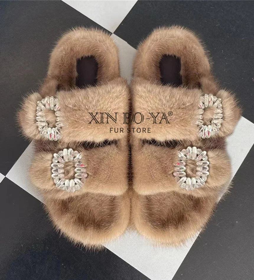 Summer 100% Mink Fur Slippers High-End Luxury Customization 2024 Women's Shoes Flat Fashion Flat Heel Luxury Fluffy Sandals