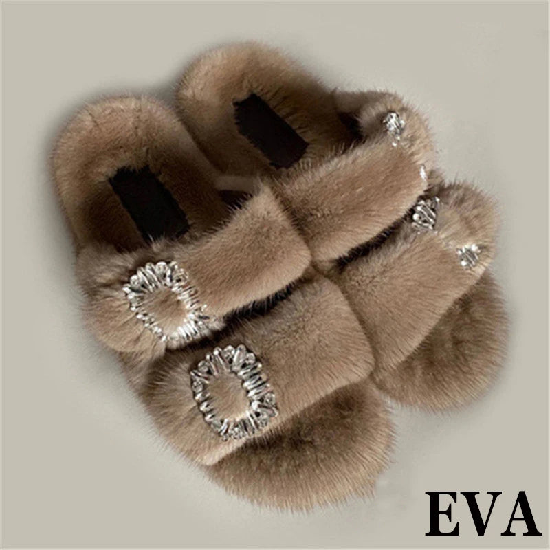 Summer 100% Mink Fur Slippers High-End Luxury Customization 2024 Women's Shoes Flat Fashion Flat Heel Luxury Fluffy Sandals
