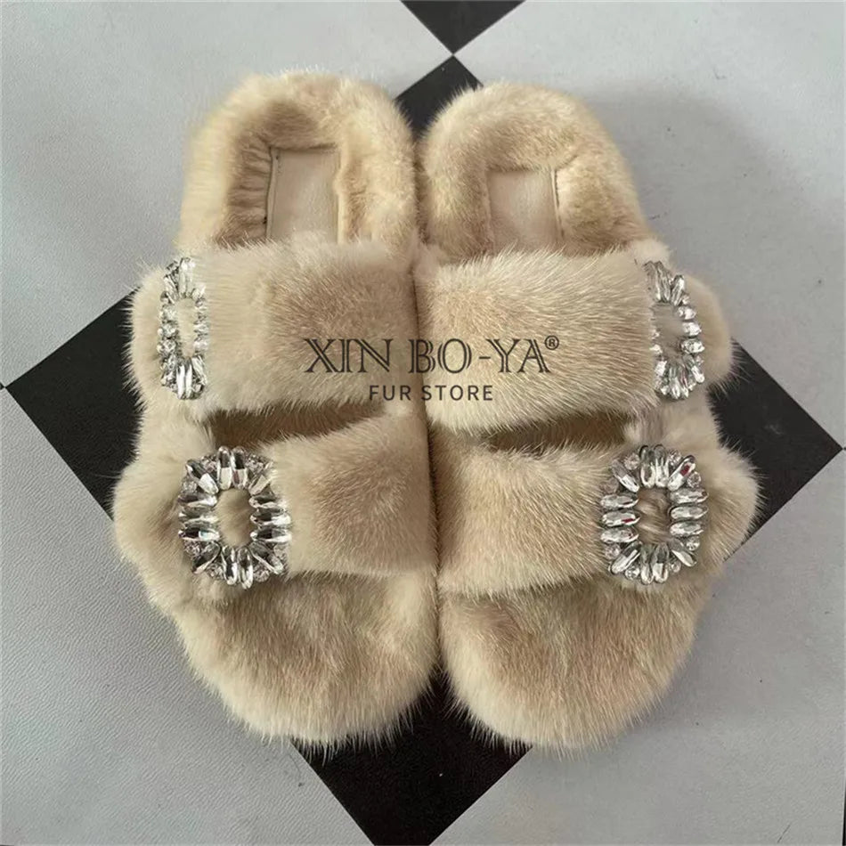 Summer 100% Mink Fur Slippers High-End Luxury Customization 2024 Women's Shoes Flat Fashion Flat Heel Luxury Fluffy Sandals