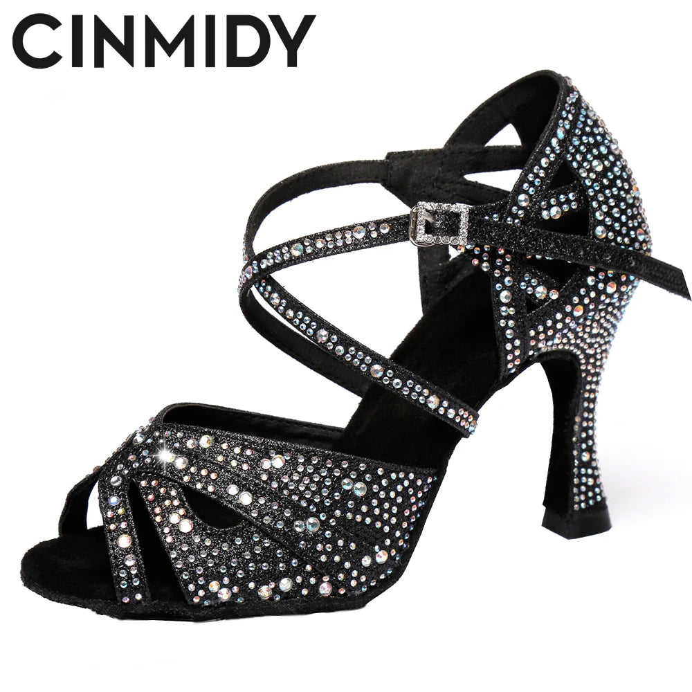 CINMIDY Rhinestone Latin Dance Shoes Tango Ballroom Dance Shoes Ladies High Heels Soft Sole Women Sandals  Wedding Shoes Women