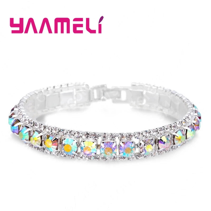 Top Sale 925 Stamp Silver Color Bracelets Full AAA Zircon Austrian Crystal Femme Women Link Chain Jewelry Bangles 14 Colors