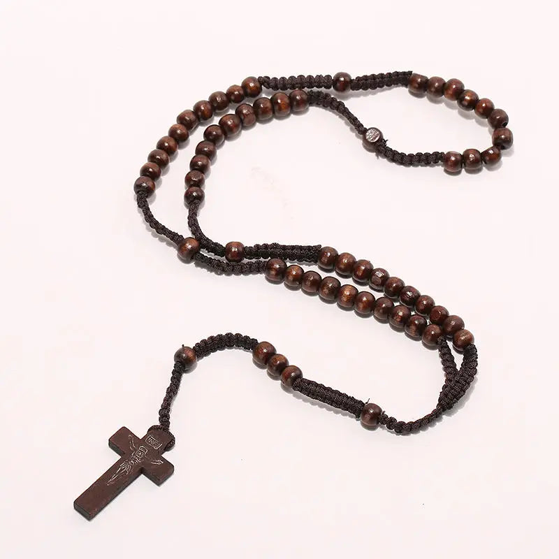 OPPOHERE Men Women Christ Wooden Beads 8mm Rosary Bead Cross Pendant Woven Rope Chain Necklace Jewelry Accessories