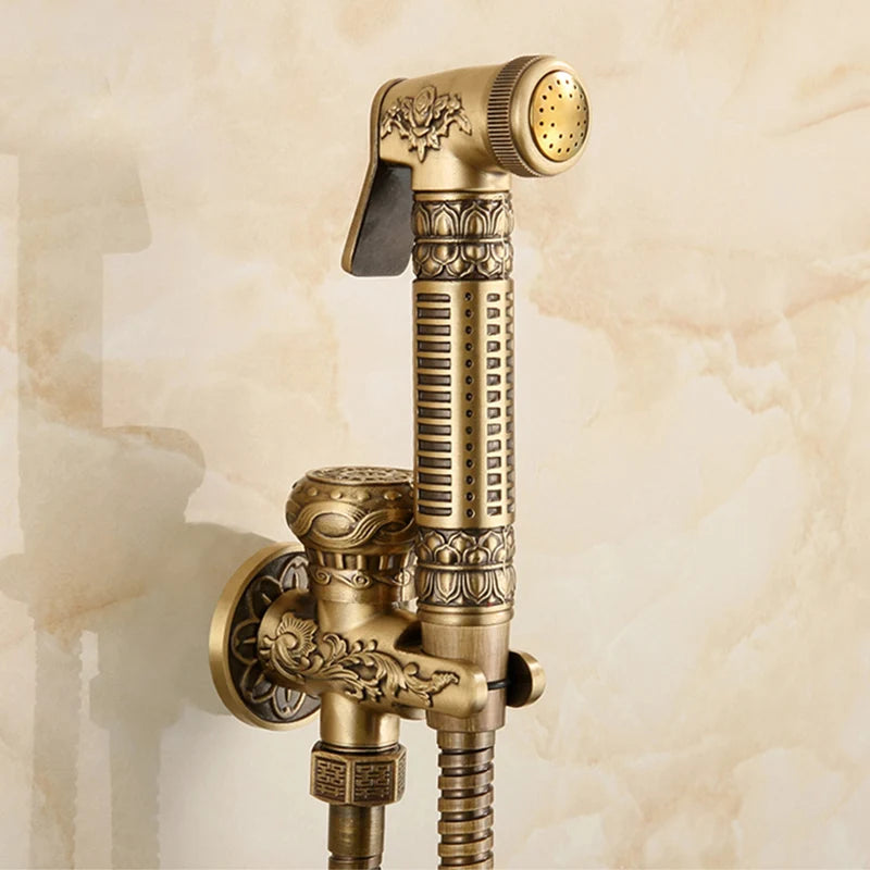 Hand Held Bidet Sprayer Douche Toilet Kit Antique Brass Shattaf Shower Head Gold Copper Valve Set Jet Toilet Bidet Faucet Set