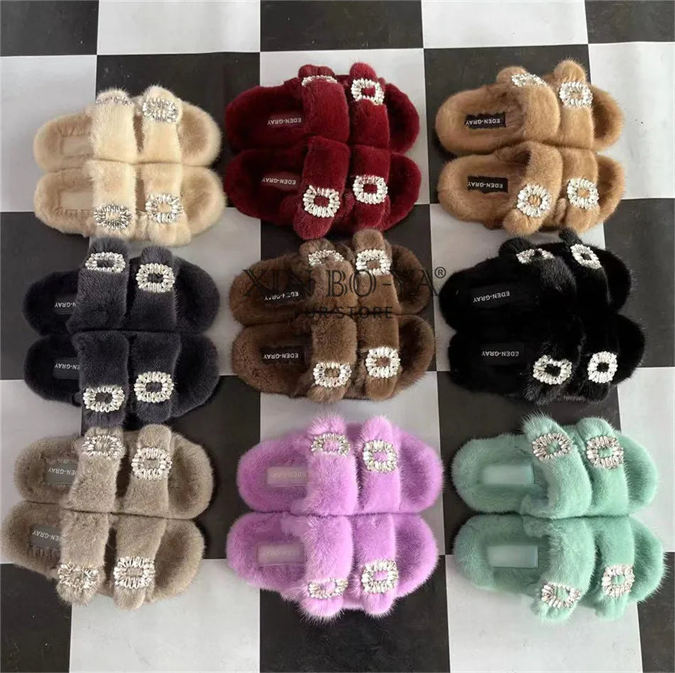 Summer 100% Mink Fur Slippers High-End Luxury Customization 2024 Women's Shoes Flat Fashion Flat Heel Luxury Fluffy Sandals