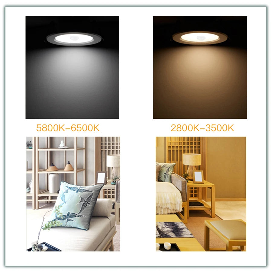 Projecteur encastré LED à capteur de mouvement PIR anti-scintillement, 85-265V, 5W, 10W, 15W, pour chambre, cuisine, intérieur