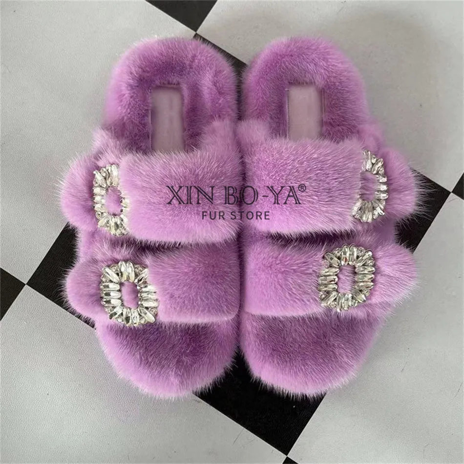 Summer 100% Mink Fur Slippers High-End Luxury Customization 2024 Women's Shoes Flat Fashion Flat Heel Luxury Fluffy Sandals