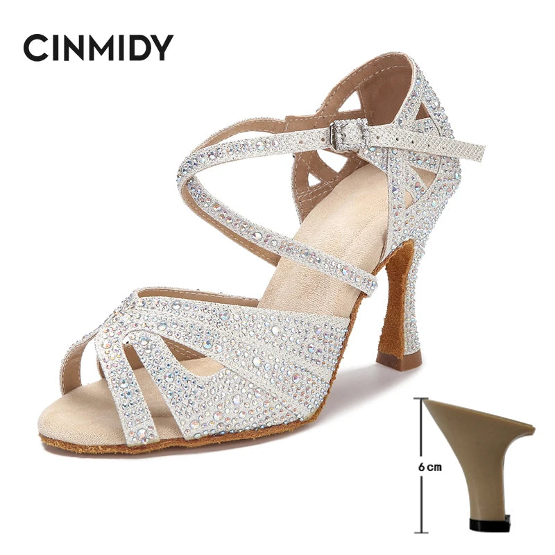 CINMIDY Rhinestone Latin Dance Shoes Tango Ballroom Dance Shoes Ladies High Heels Soft Sole Women Sandals  Wedding Shoes Women