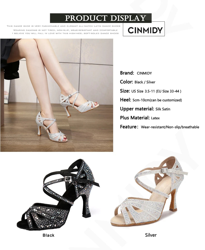 CINMIDY Rhinestone Latin Dance Shoes Tango Ballroom Dance Shoes Ladies High Heels Soft Sole Women Sandals  Wedding Shoes Women