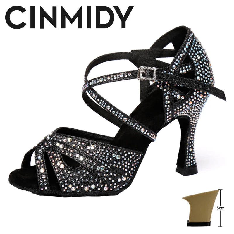 CINMIDY Rhinestone Latin Dance Shoes Tango Ballroom Dance Shoes Ladies High Heels Soft Sole Women Sandals  Wedding Shoes Women