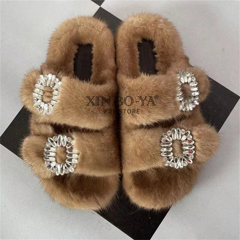 Summer 100% Mink Fur Slippers High-End Luxury Customization 2024 Women's Shoes Flat Fashion Flat Heel Luxury Fluffy Sandals