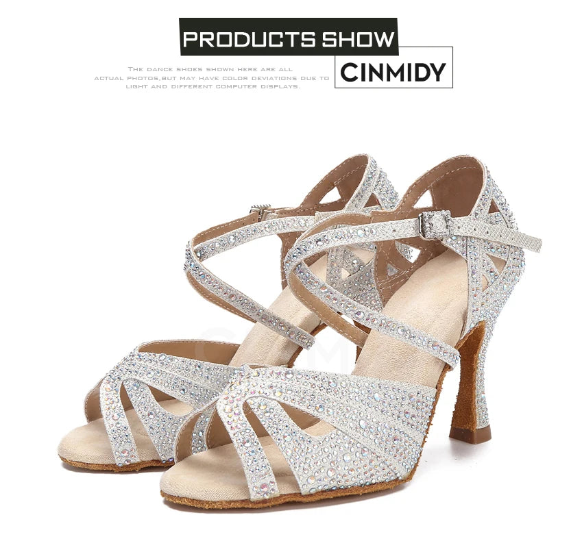 CINMIDY Rhinestone Latin Dance Shoes Tango Ballroom Dance Shoes Ladies High Heels Soft Sole Women Sandals  Wedding Shoes Women