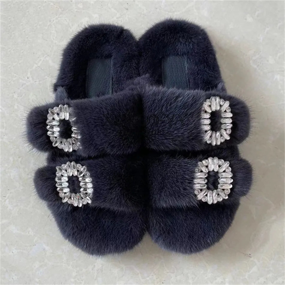 Summer 100% Mink Fur Slippers High-End Luxury Customization 2024 Women's Shoes Flat Fashion Flat Heel Luxury Fluffy Sandals