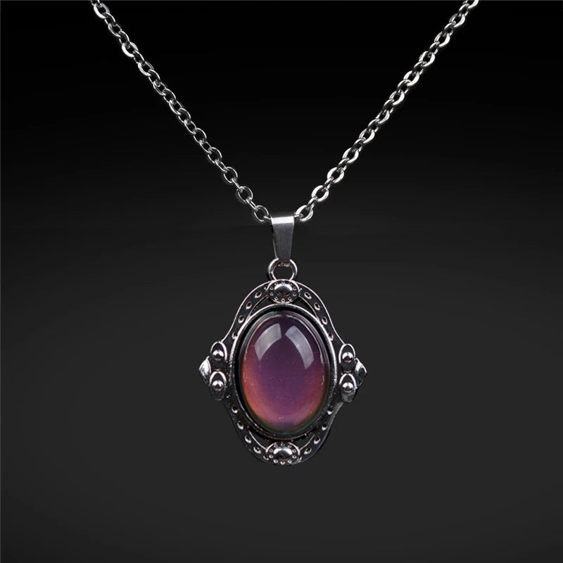 Mood Necklaces Retro Palace Elliptic Jewelry Pendant Necklace Temperature Control Color Change Necklace Stainless Steel Chain