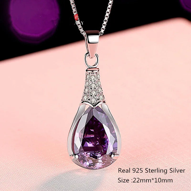 Buyee 925 Sterling Silver Luxury Pendant Chain Natural Amethyst Exquisite Sweet Necklace for Woman Fashion Jewelry Chain 45cm