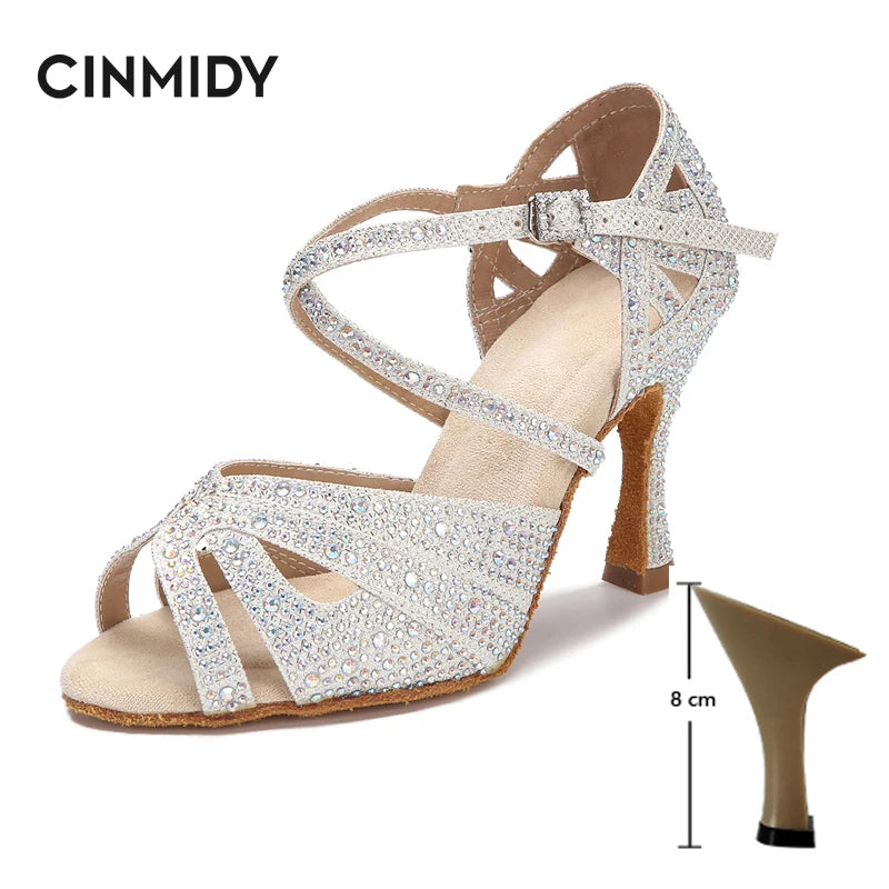 CINMIDY Rhinestone Latin Dance Shoes Tango Ballroom Dance Shoes Ladies High Heels Soft Sole Women Sandals  Wedding Shoes Women
