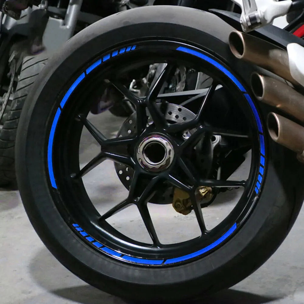 16Pc Motorcycle Bike Car Tire Reflective Stickers Cool Styling Tyre Rim Trim Decal Strip Tape Red Blue Waterproof Exterior Parts