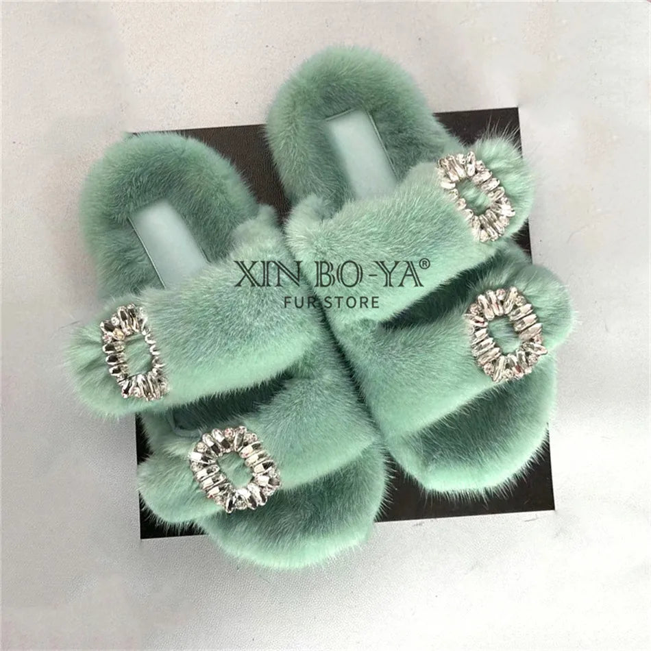 Summer 100% Mink Fur Slippers High-End Luxury Customization 2024 Women's Shoes Flat Fashion Flat Heel Luxury Fluffy Sandals