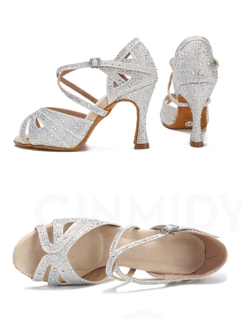 CINMIDY Rhinestone Latin Dance Shoes Tango Ballroom Dance Shoes Ladies High Heels Soft Sole Women Sandals  Wedding Shoes Women